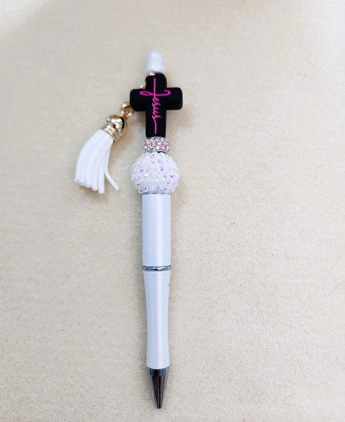 Black & White Jesus Cross Beaded Pen