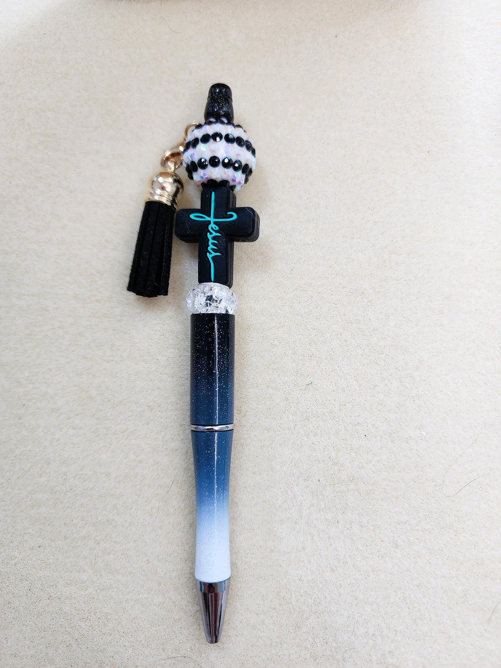Black & White Jesus Cross Beaded Pen