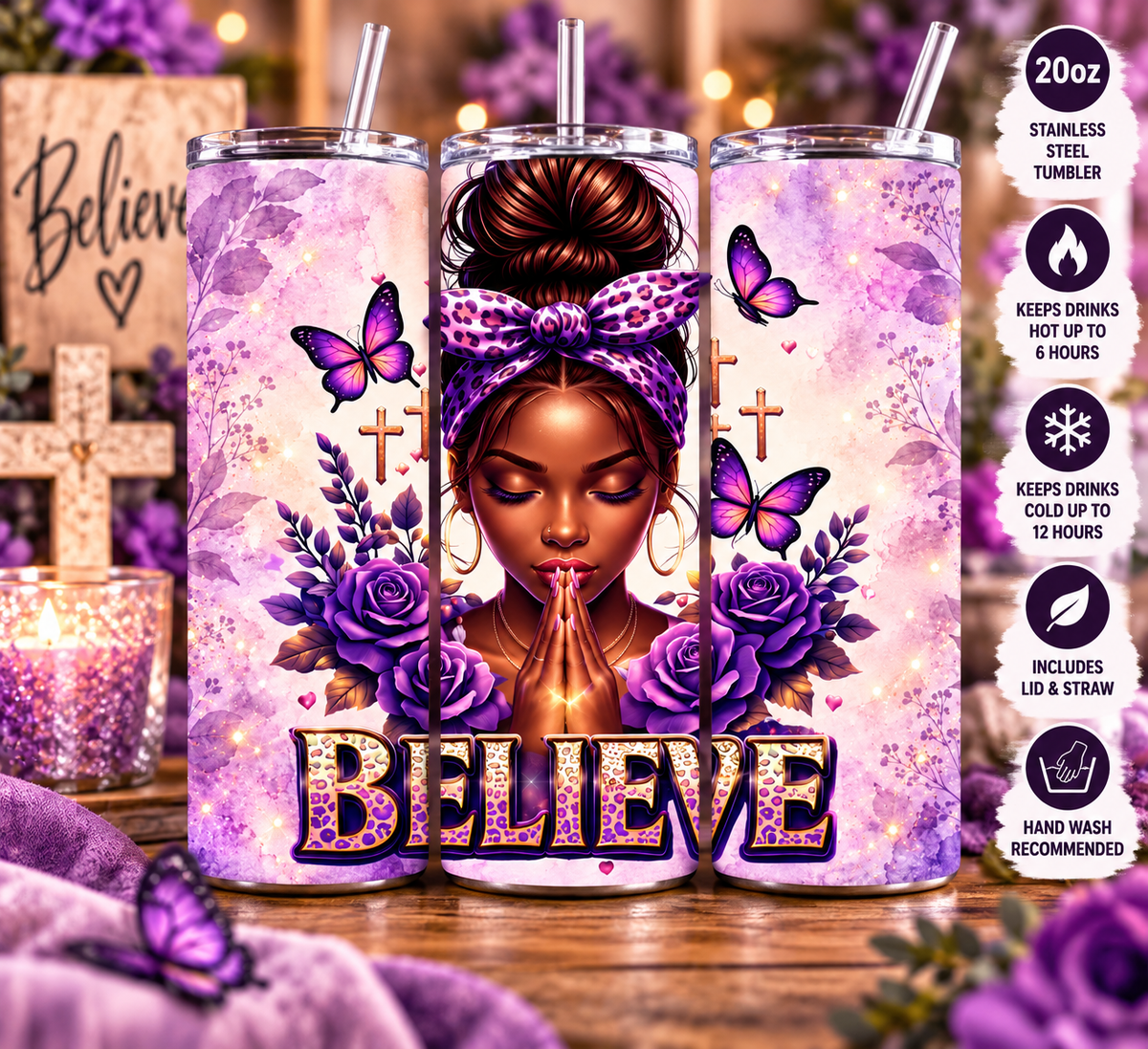 Believe – Purple Floral Faith 20oz Tumbler