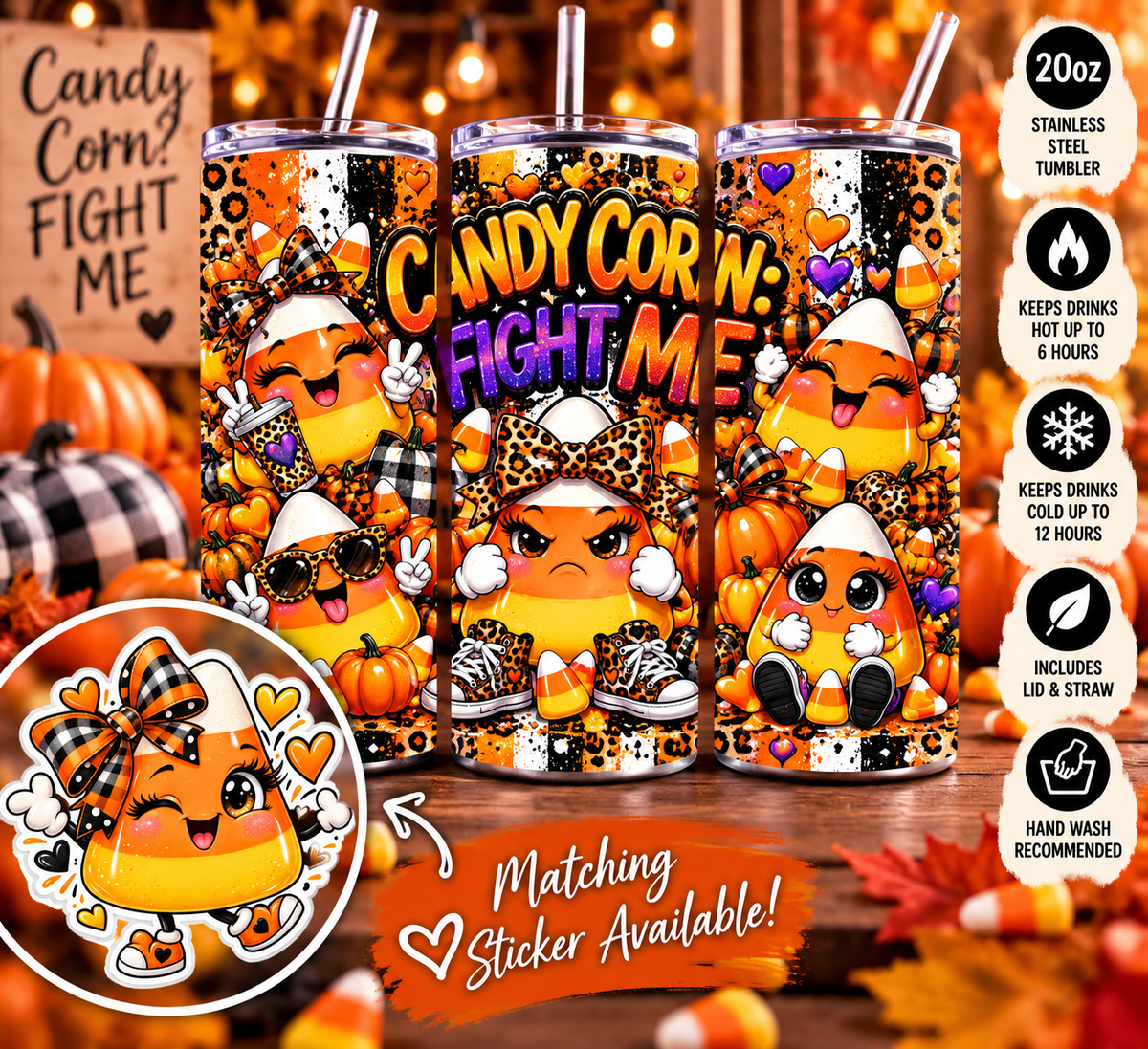 Candy Corn? Fight Me 20oz Tumbler | Funny Fall Tumbler | Candy Corn Lover Cup | Leopard Print Autumn Tumbler
