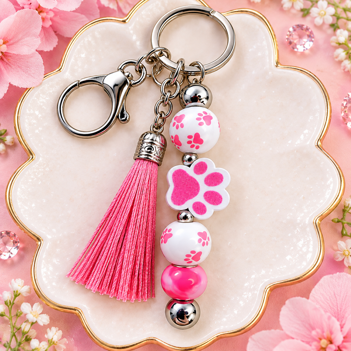 Pink Paw Print Beaded Keychain with Tassel