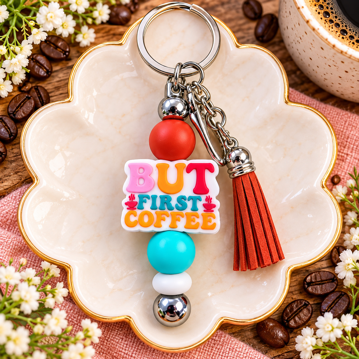 But First Coffee Beaded Keychain