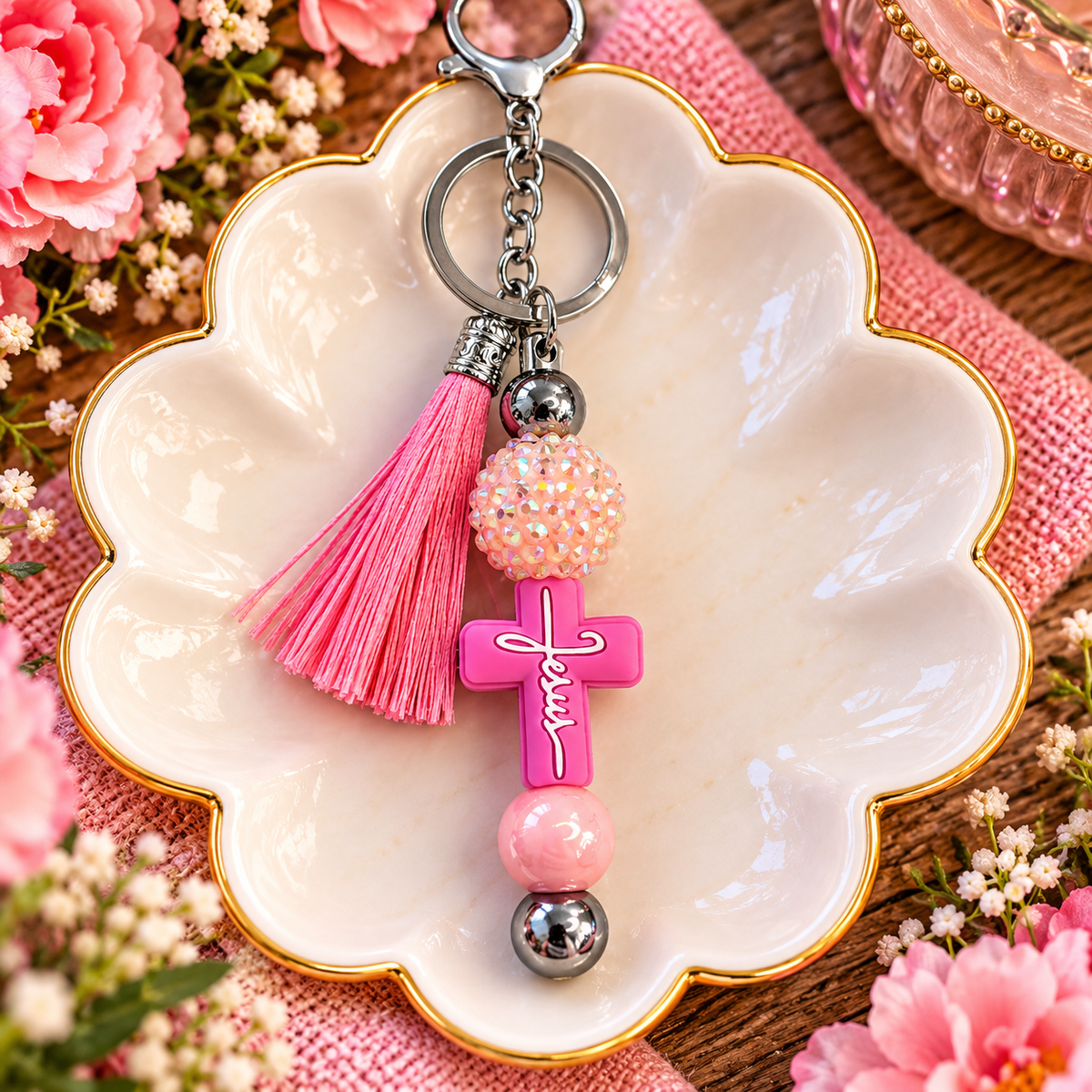✝️ Pink Faith Cross Beaded Keychain