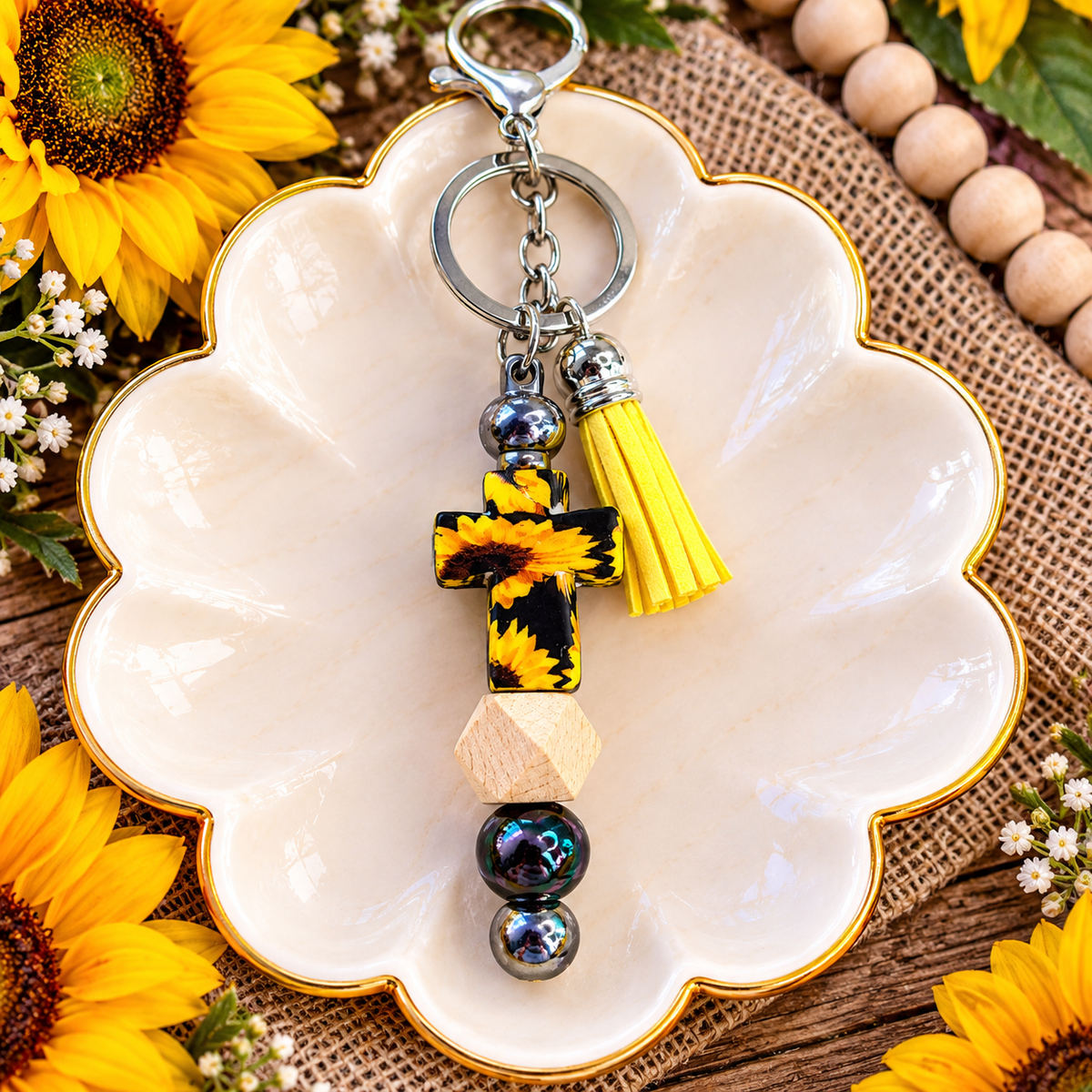 Sunflower Cross Beaded Keychain