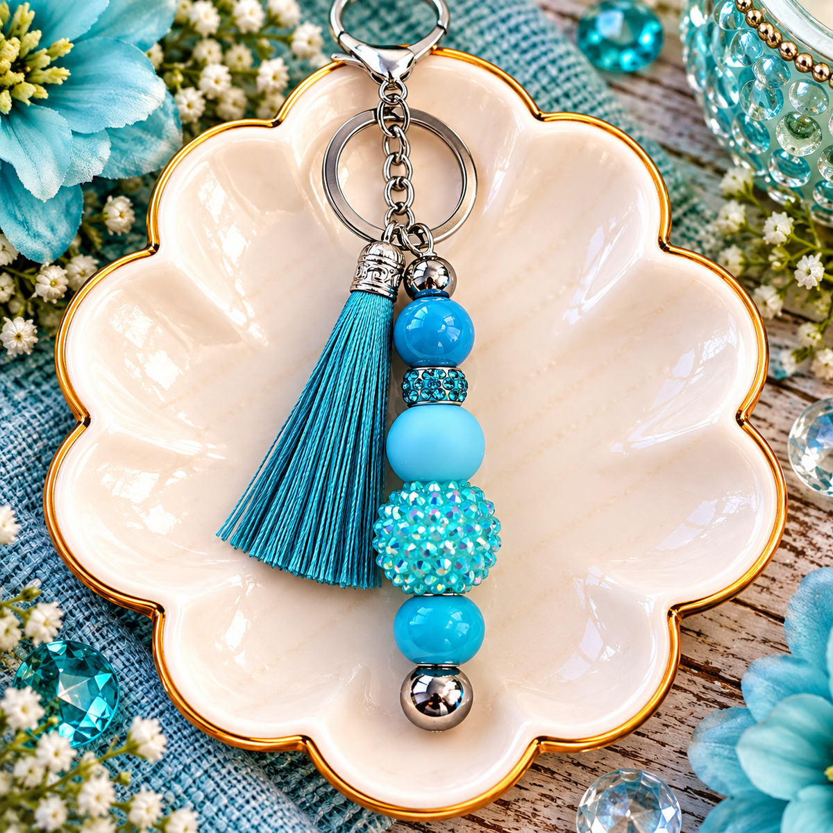Turquoise Sparkle Beaded Keychain