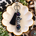 Cow Print Cross Beaded Keychain with Black Tassel