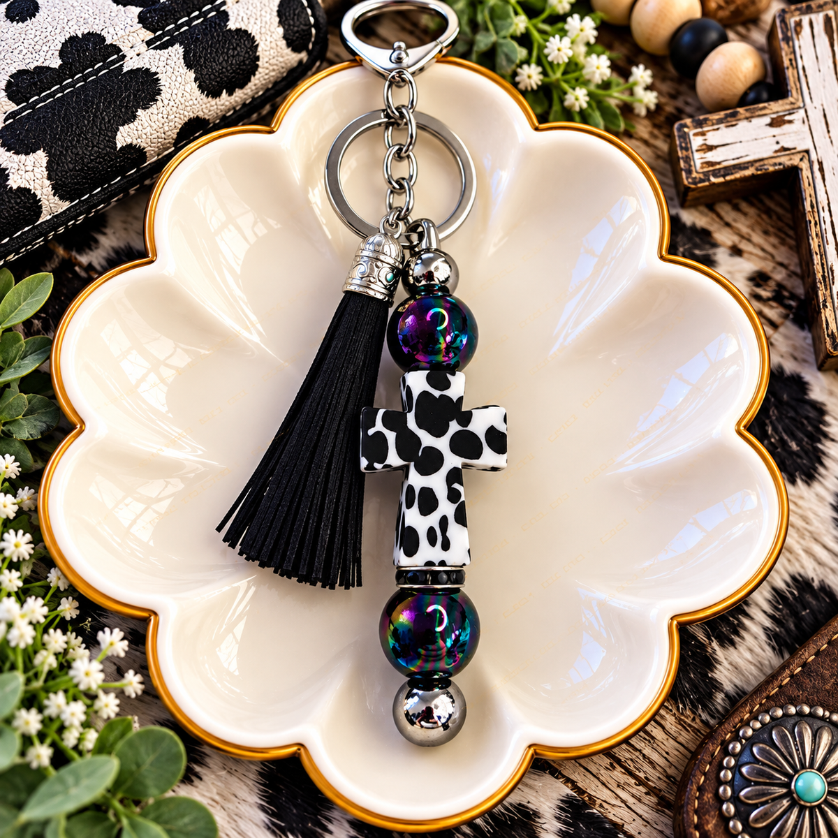 Cow Print Cross Beaded Keychain with Black Tassel