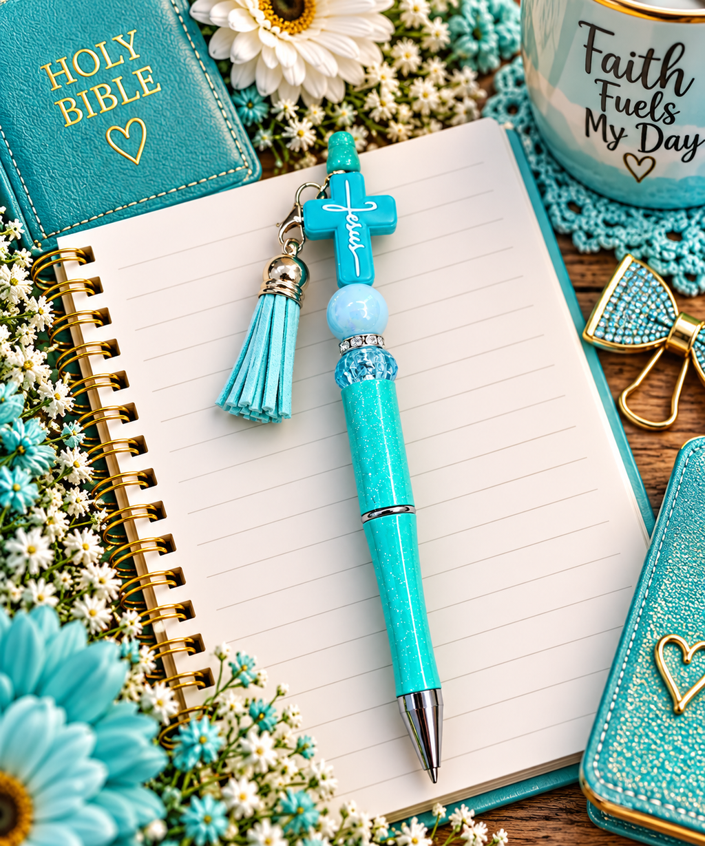Turquoise Jesus Cross Beaded Pen