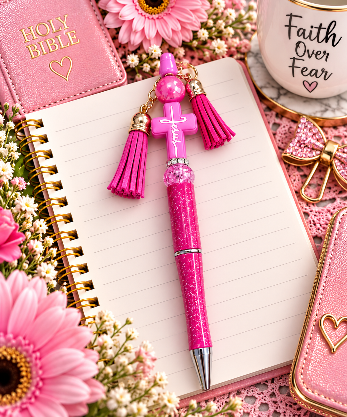 Pink Jesus Cross Beaded Pen