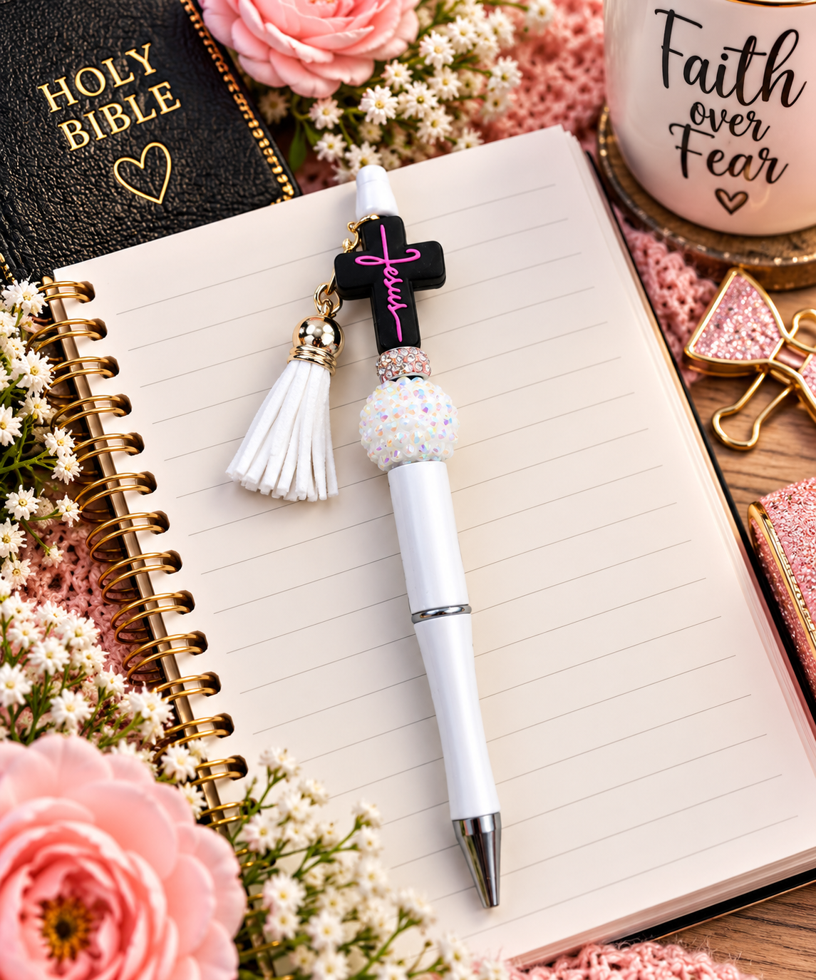 Black & White Jesus Cross Beaded Pen