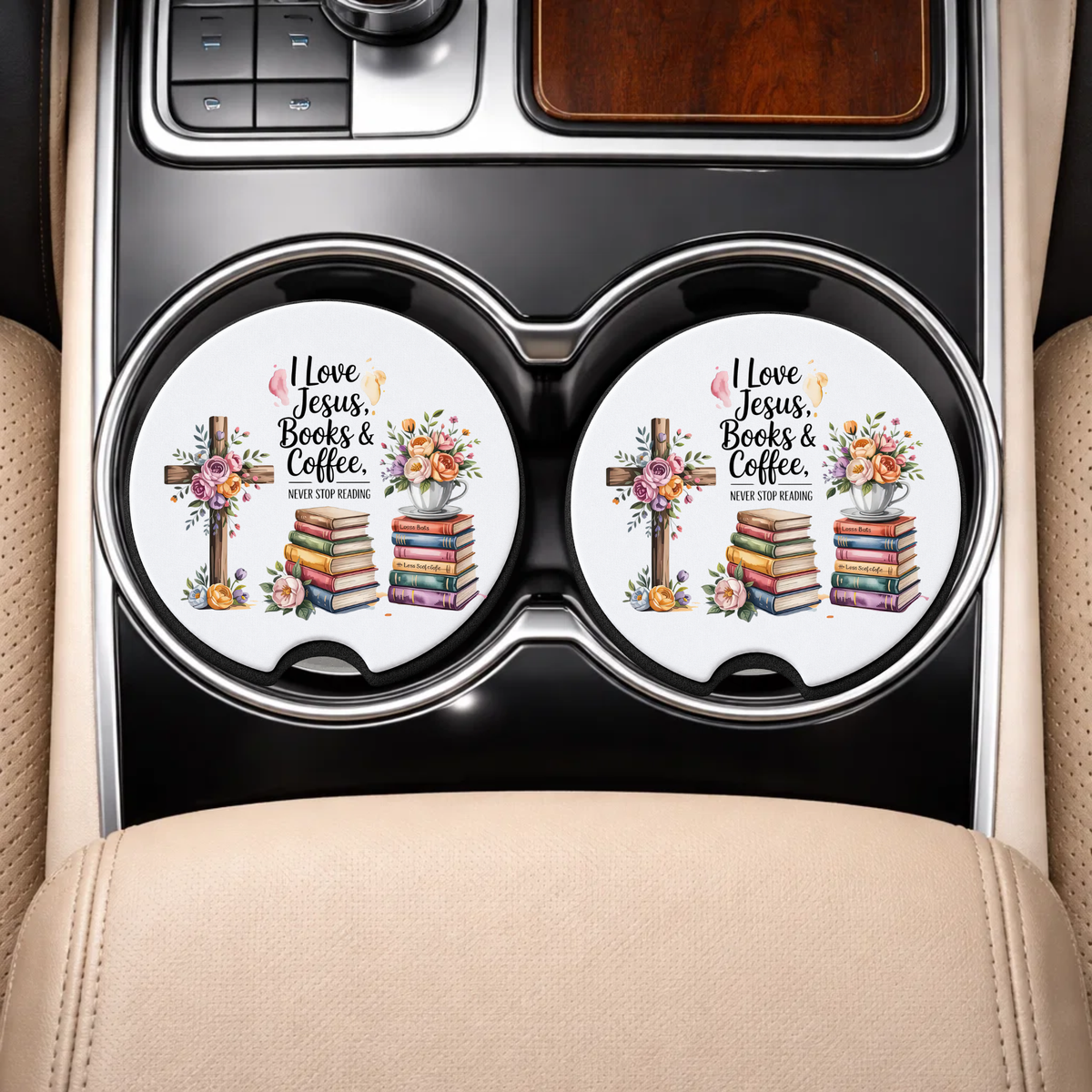 Jesus, Books & Coffee Car Coasters – Set of 2