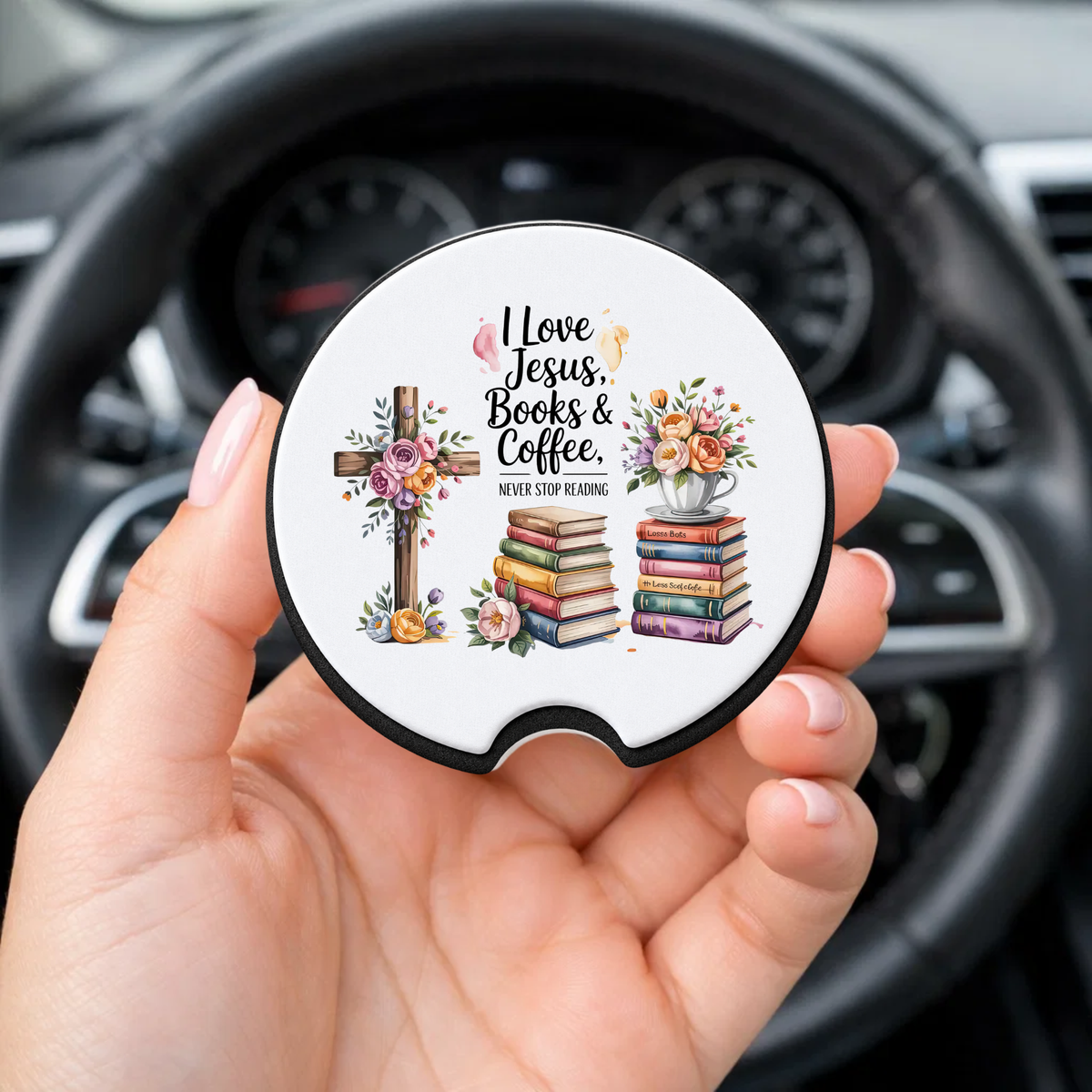 Jesus, Books & Coffee Car Coasters – Set of 2