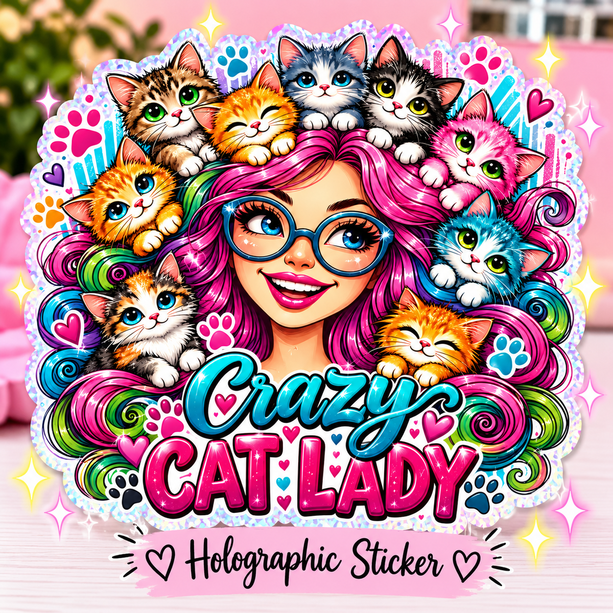 Crazy Cat Lady Holographic Sticker