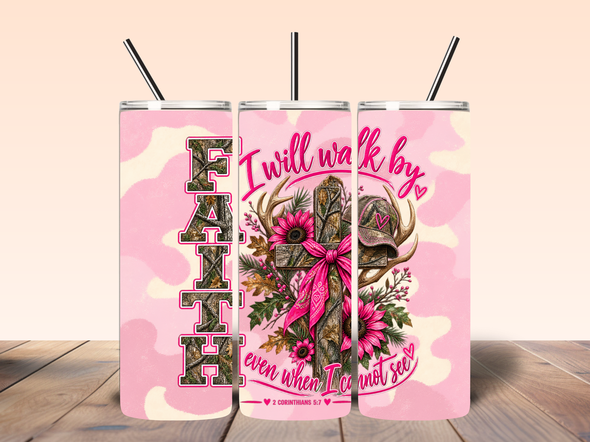 Walk by Faith – Pink Camo 20oz Tumbler