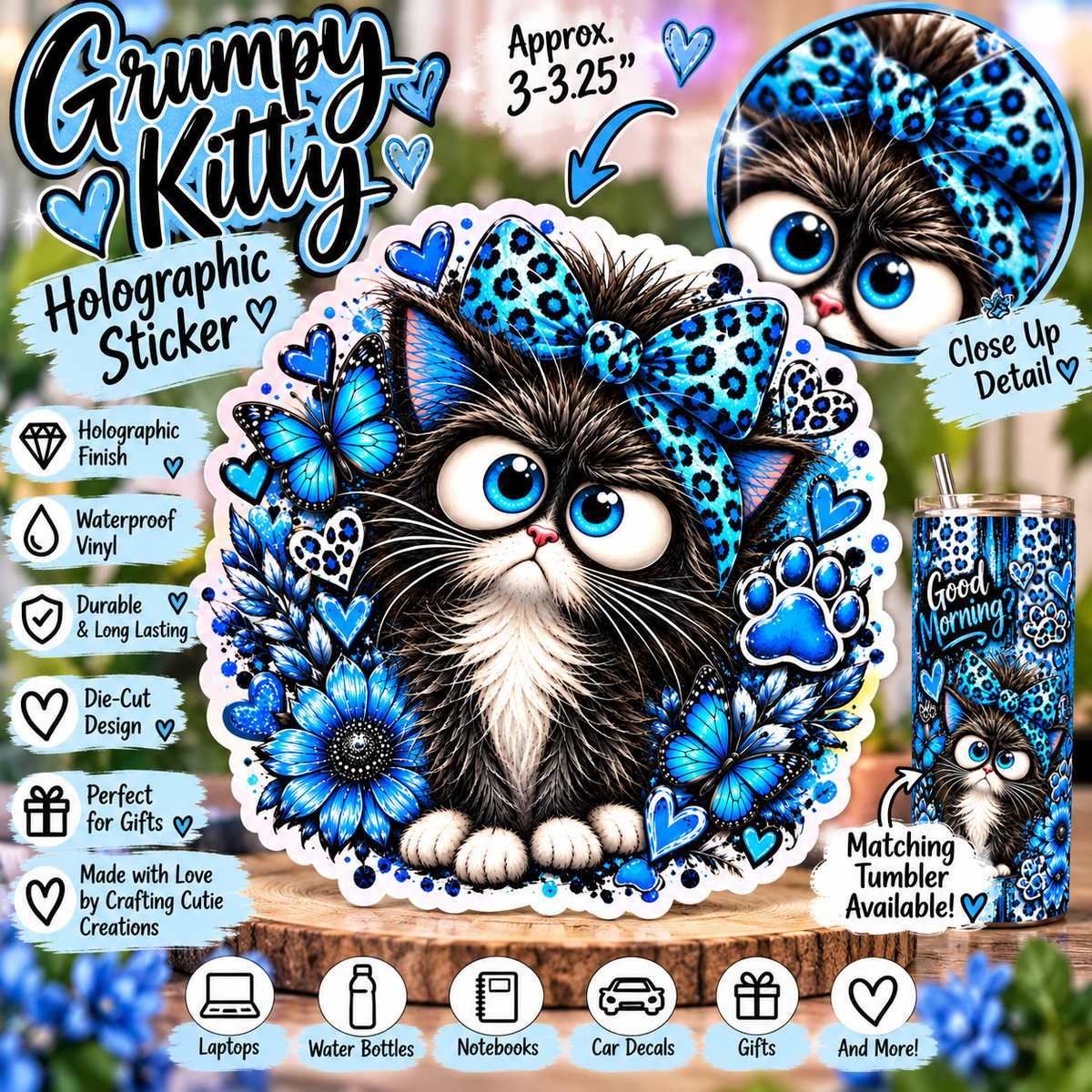 Blue Bow Grumpy Kitty Holographic Sticker | Cute Cat Sticker