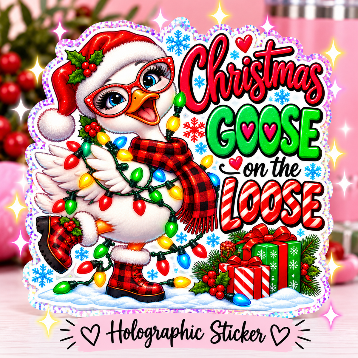 Christmas Goose on the Loose Holographic Sticker