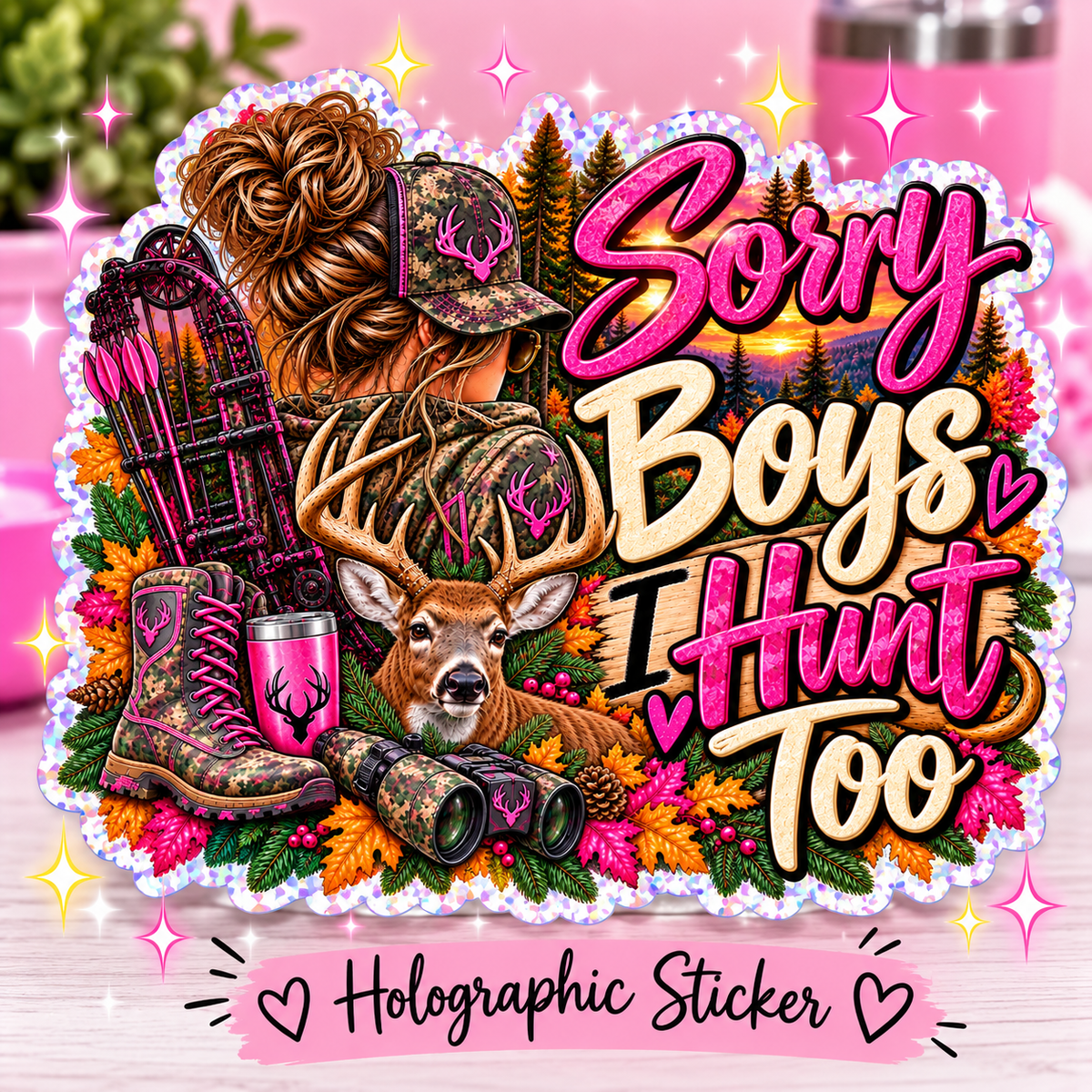 Sorry Boys I Hunt Too Holographic Sticker