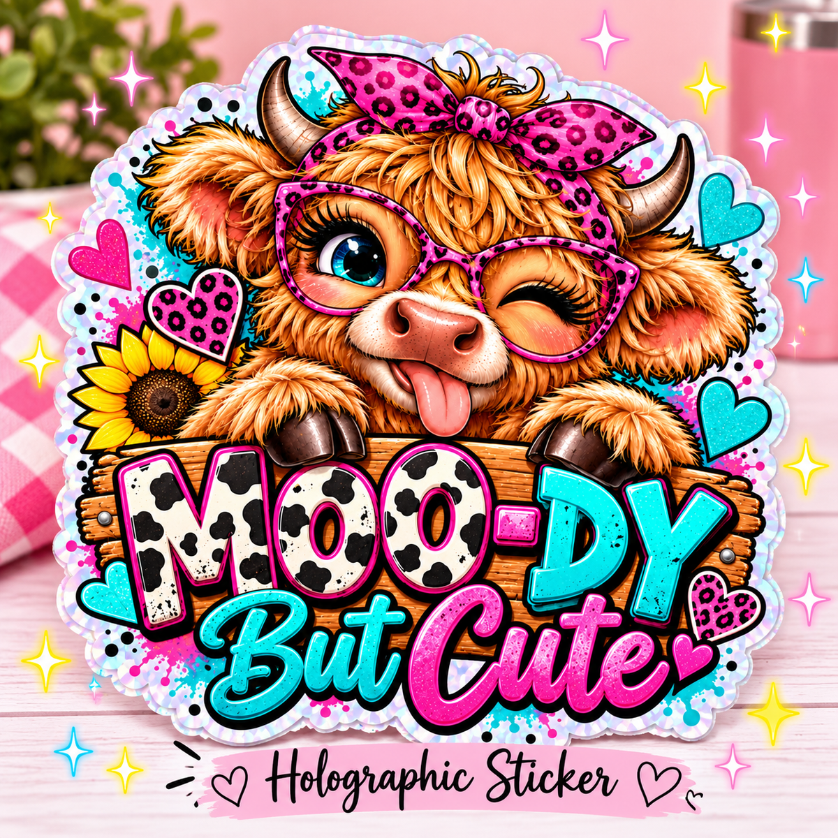 Moo-dy But Cute Highland Cow Holographic Sticker