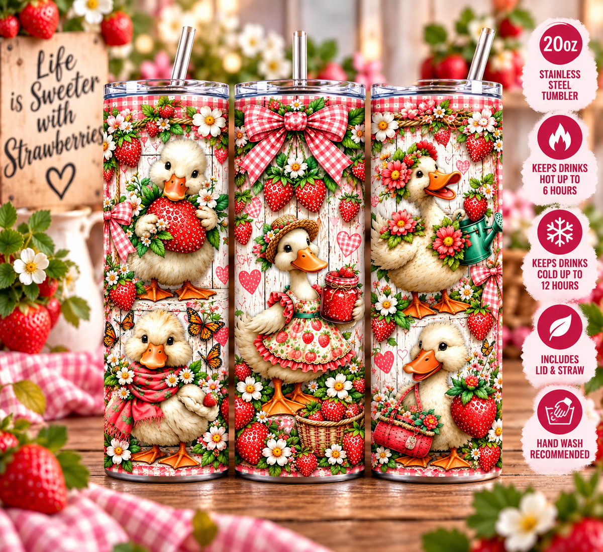 Strawberry Duck Cottagecore 20oz Tumbler | Pink Gingham & Strawberry Tumbler